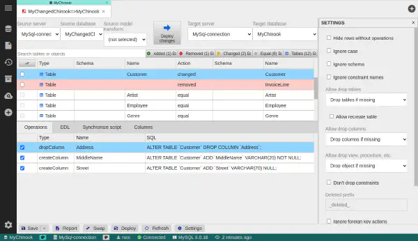 Nastavenia porovnania DB
