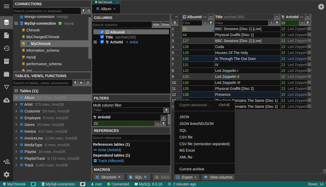 DbGate - data browser export menu