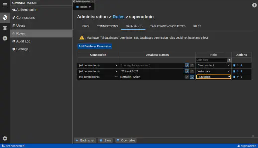 DbGate - database permissions