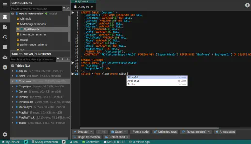 DbGate - query editor code completion