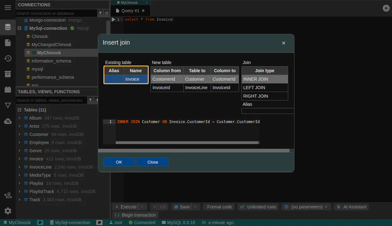DbGate - query editor join wizard