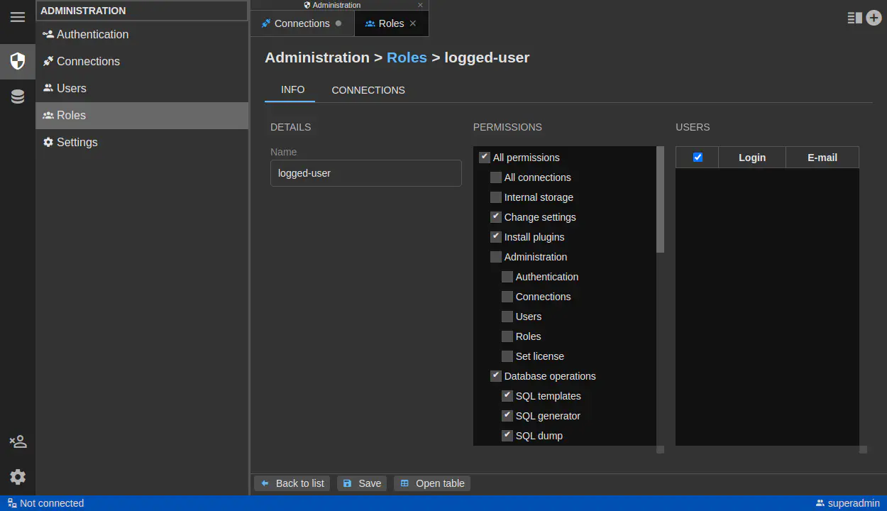 DbGate - role administration
