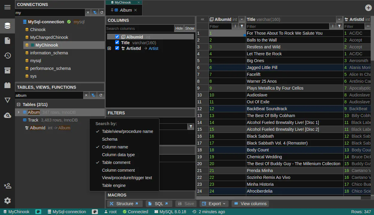 DbGate - search in connections