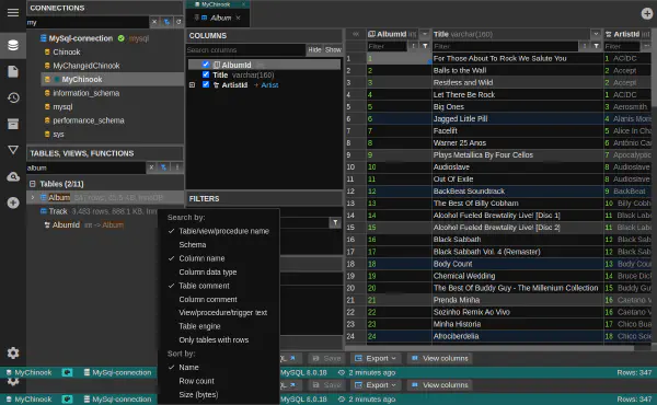 接続およびデータベース内の検索
