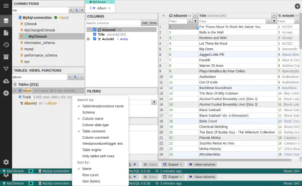 接続およびデータベース内の検索