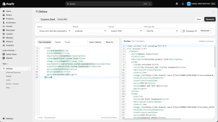 Custom XML feed template editor with live preview