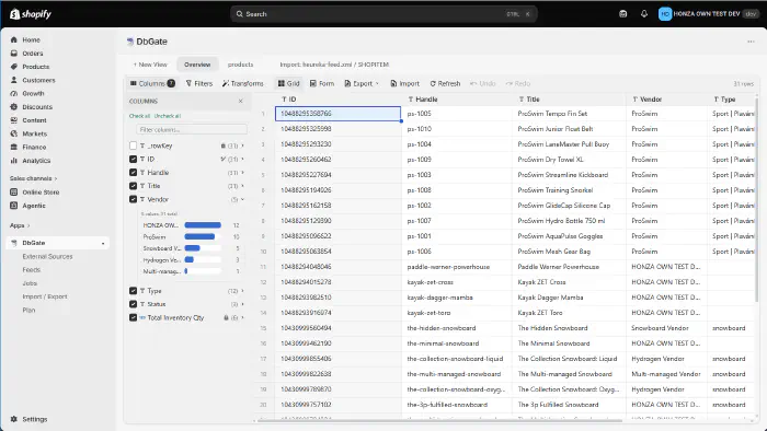Shopify products in an editable grid with column families and value distribution