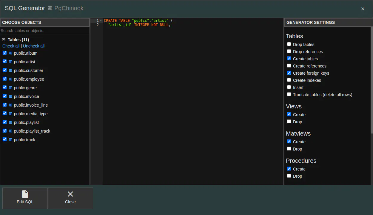DbGate - sql generator