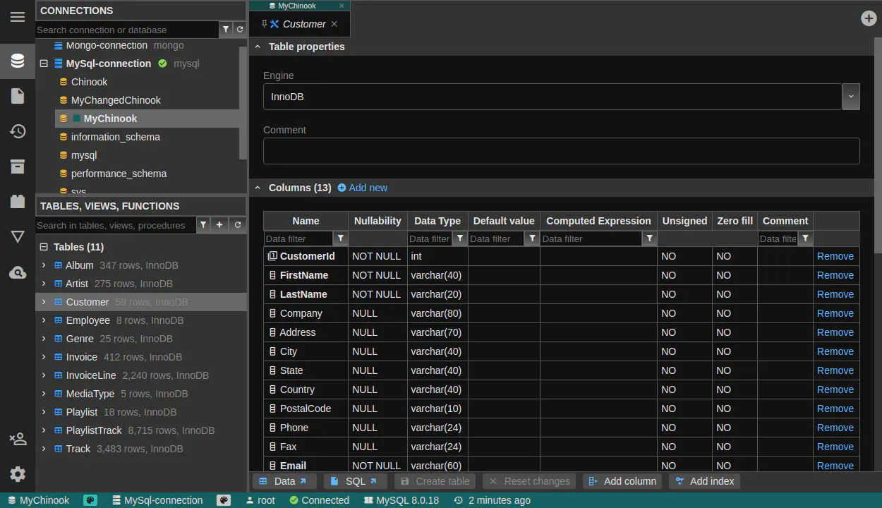 DbGate - table structure editor