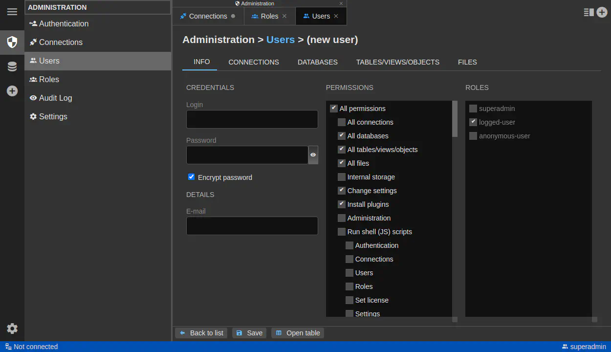 DbGate - user administration
