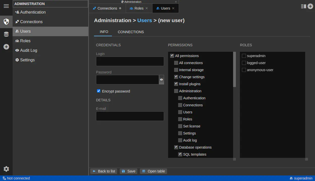 DbGate - user administration