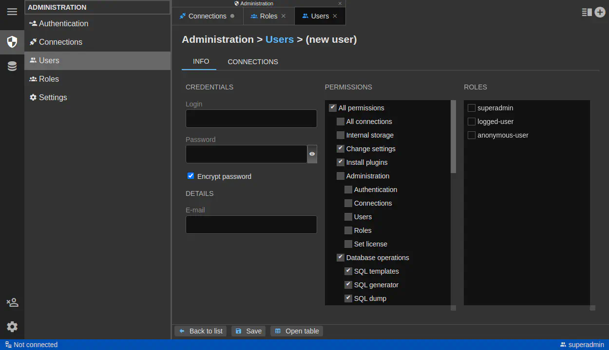 DbGate - user administration